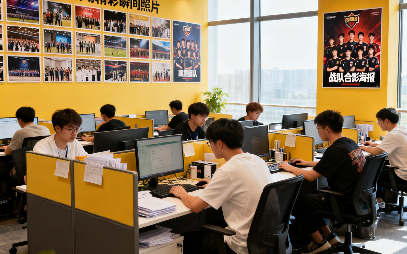 蜂鸟电竞杭州总部办公室内景，开放式工位区坐满专注工作的年轻员工，墙上贴满了历年赛事活动的精彩瞬间照片与战队合影海报，自然光线从落地窗洒入营造出充满活力的工作氛围