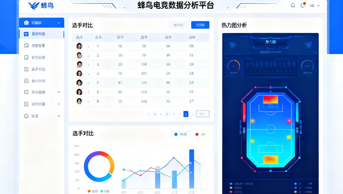 蜂鸟电竞数据分析平台新版本界面，展示全新上线的选手对比功能与热力图分析模块，UI设计更加简洁直观