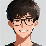 一位戴着黑框眼镜的短发年轻男性玩家头像，背景为浅灰色，面带微笑显得自信友善